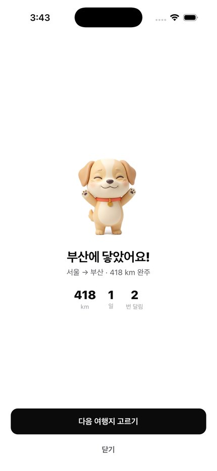 부산에 닿았다는 축하 화면. 418km, 1일, 2번 달림이 표시되고 만세하는 강아지가 있다.