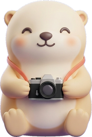해달. 목에 필름 카메라를 걸고 앉아 웃는다