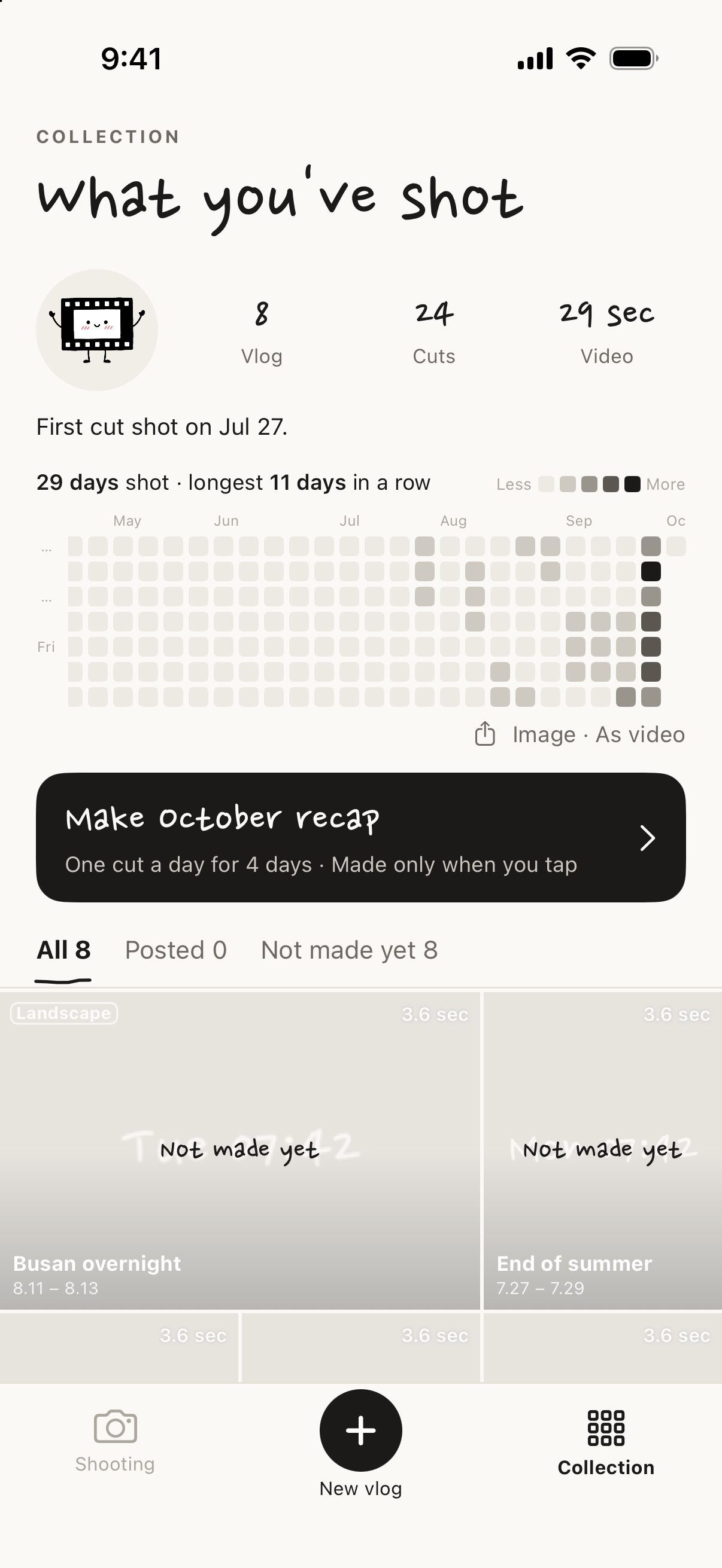 The 1-year activity grid and finished vlogs in Collection