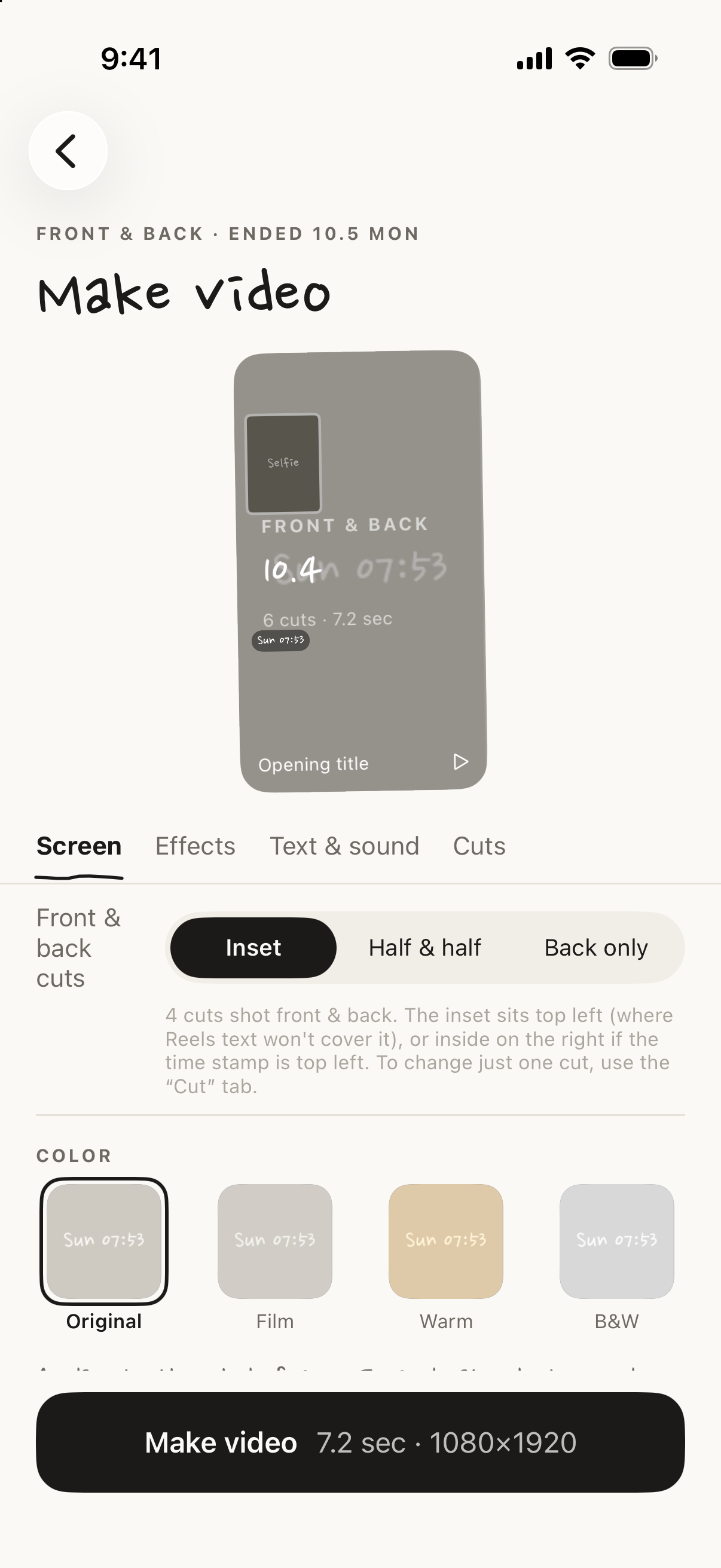 Make video, layout options for front and back cuts: Inset, Half & half, Back only