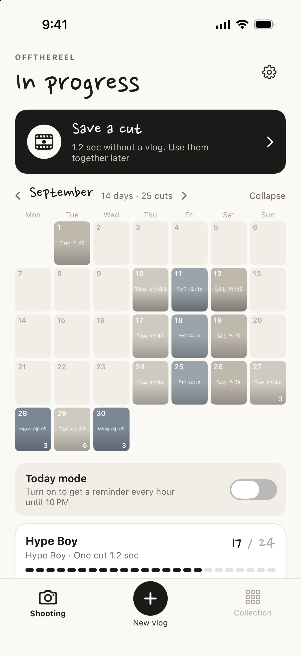 This month's calendar on Home, each day showing its first cut