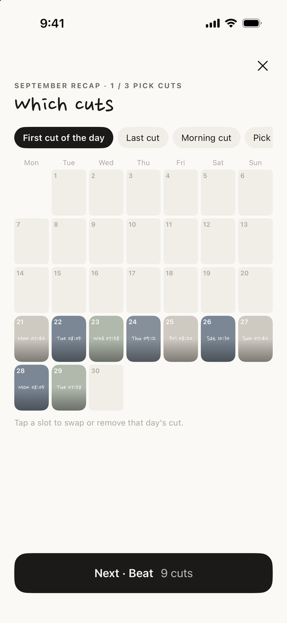 Picking a month recap: the September calendar with each day's first cut