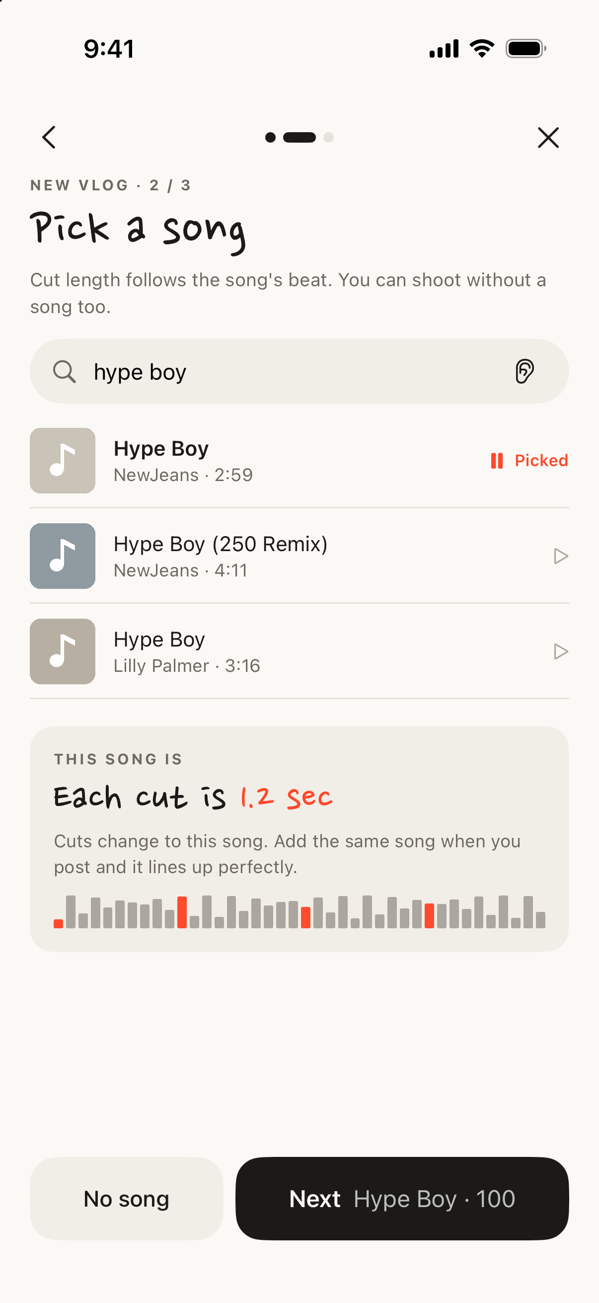 Pick a song screen